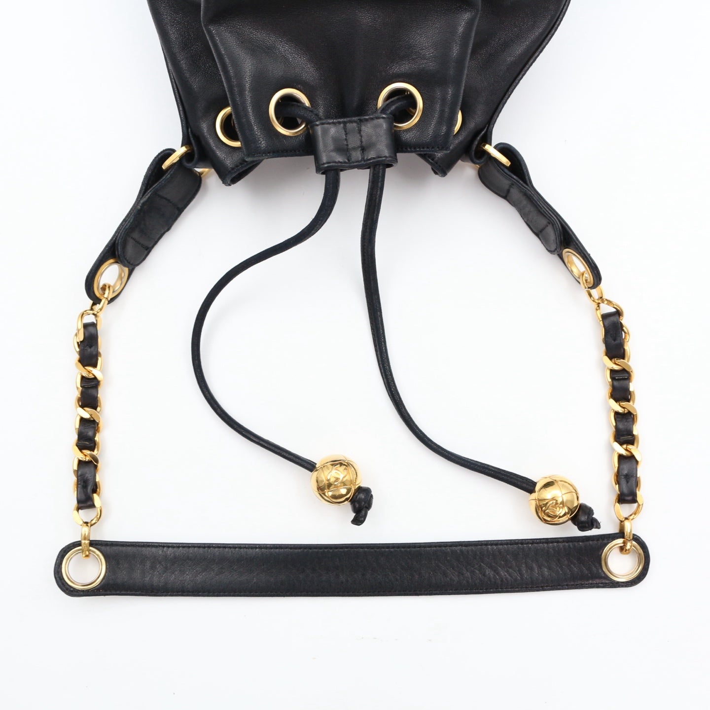 CHANEL Black Lambskin Six CC Logo Drawstring Bucket Bag [Used]