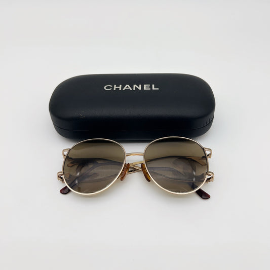 CHANEL CC Logo Round Sunglasses – Champagne Gold / Brown Tint [Used]