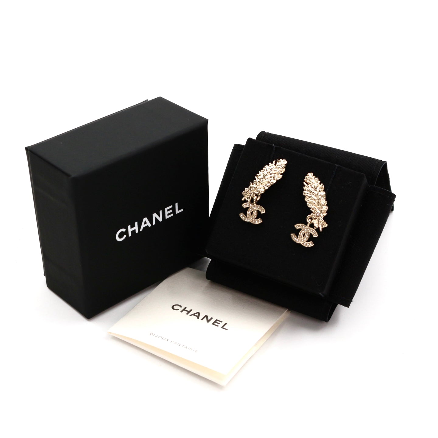 CHANEL Gold Feather CC Rhinestone Earrings B25S [Brand New]