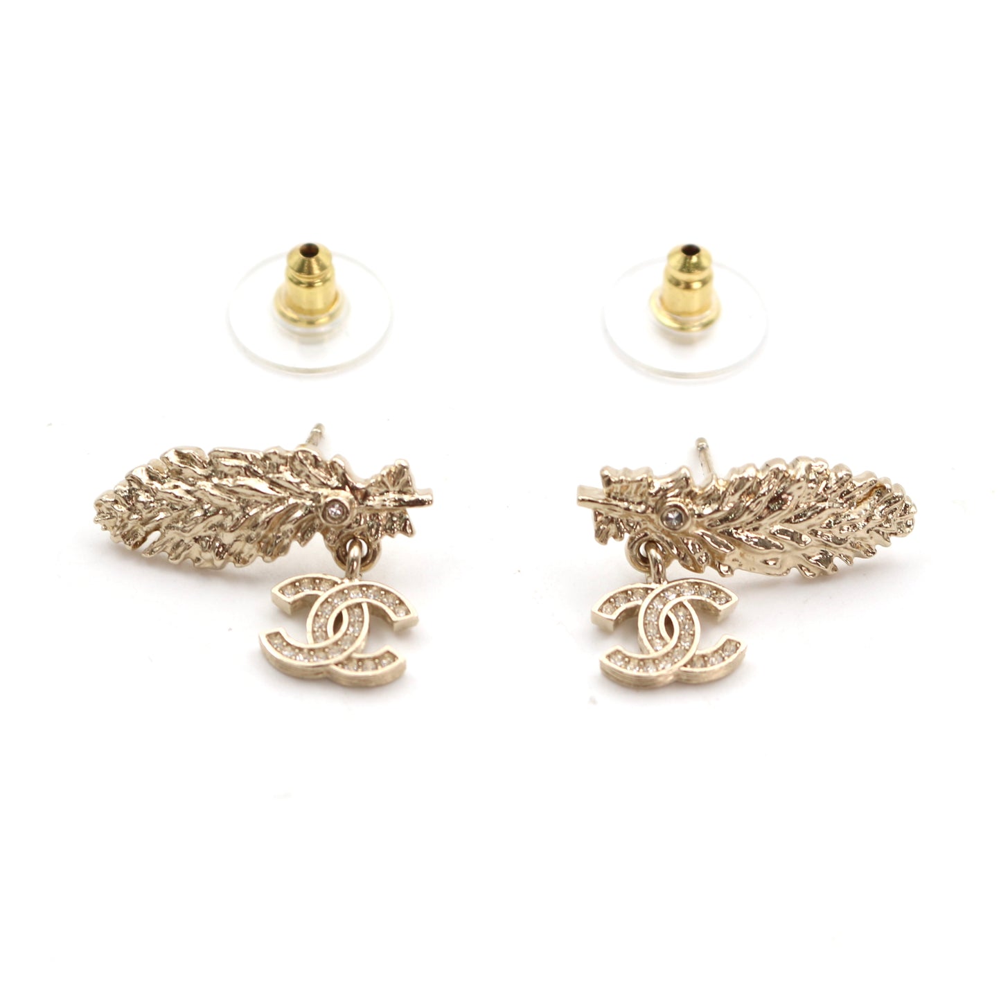 CHANEL Gold Feather CC Rhinestone Earrings B25S [Brand New]