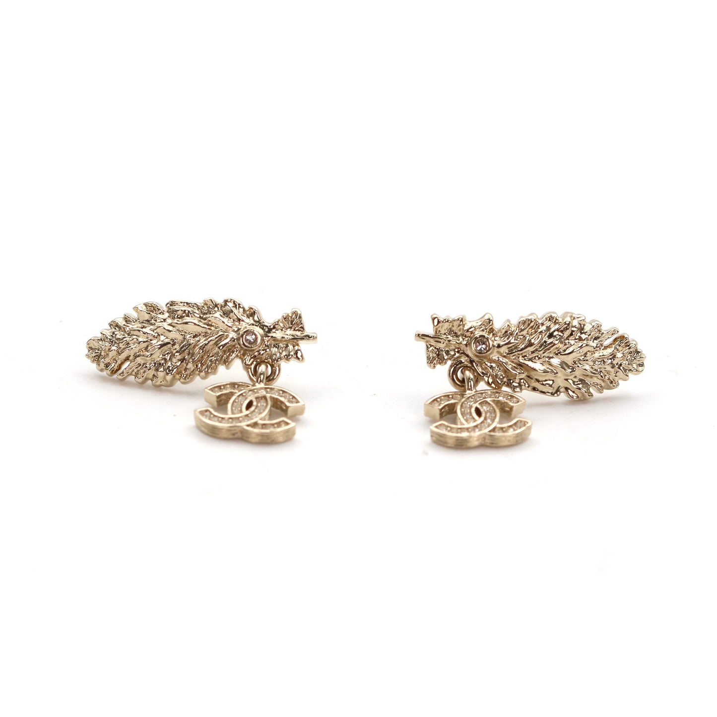 CHANEL Gold Feather CC Rhinestone Earrings B25S [Brand New]