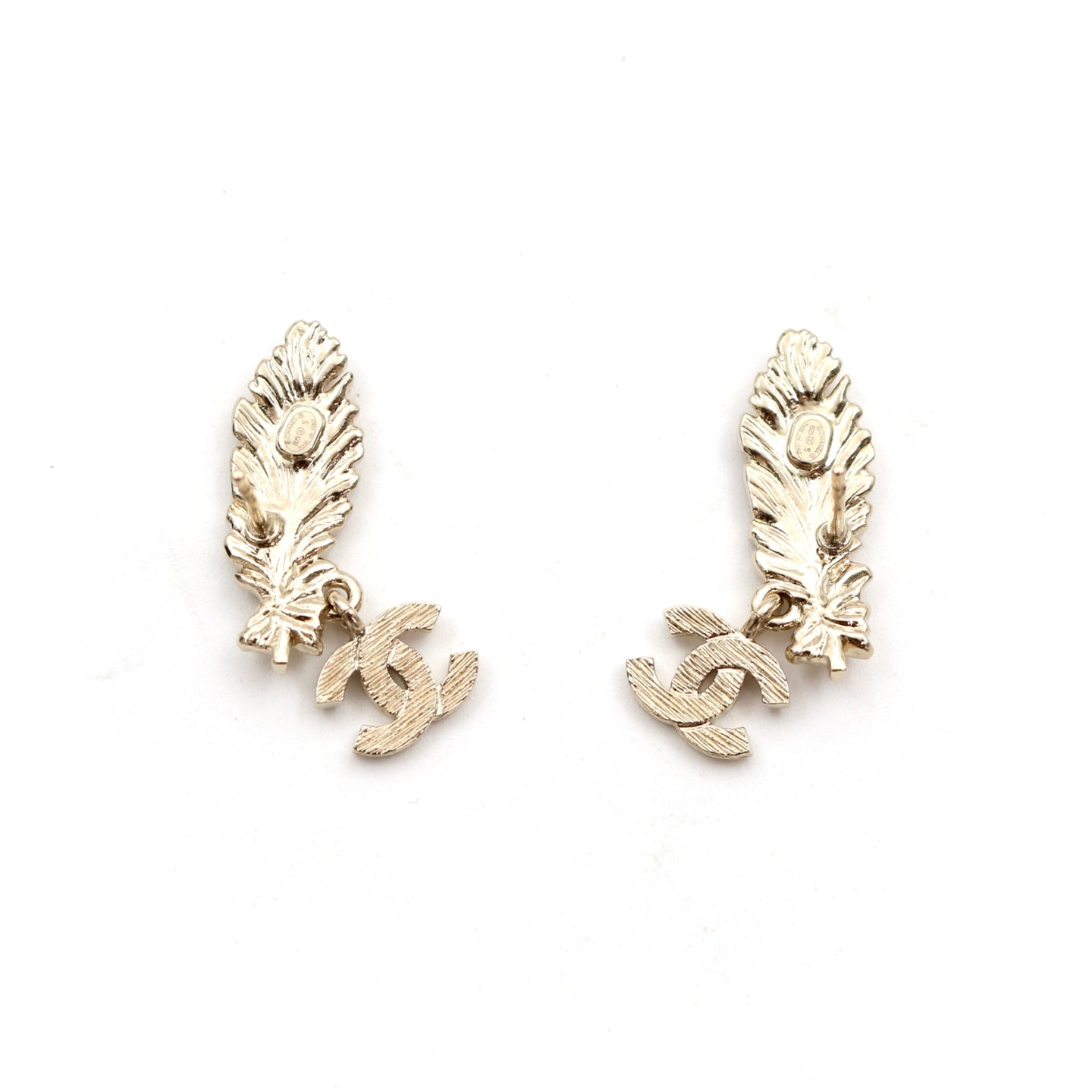 CHANEL Gold Feather CC Rhinestone Earrings B25S [Brand New]