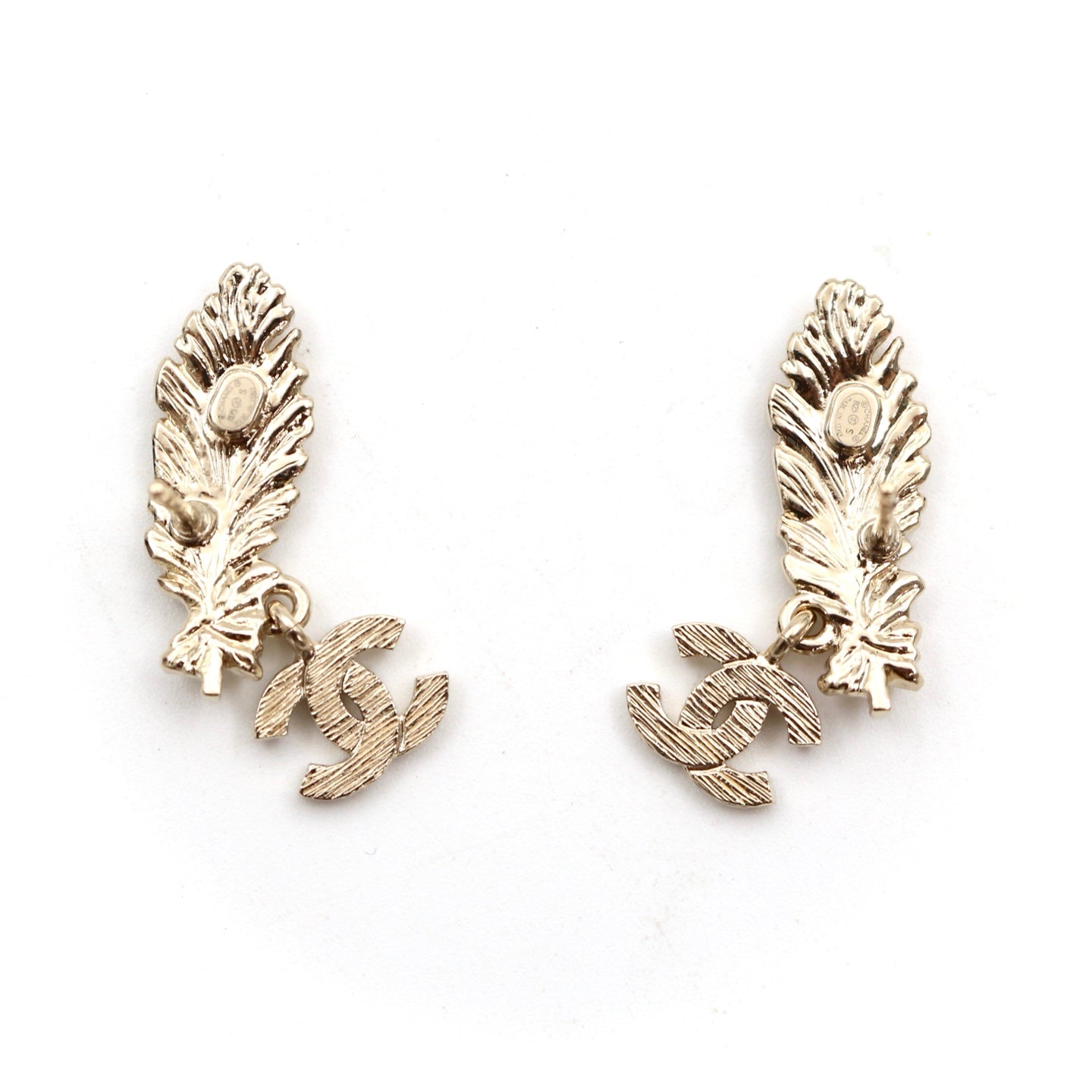 CHANEL Gold Feather CC Rhinestone Earrings B25S [Brand New]