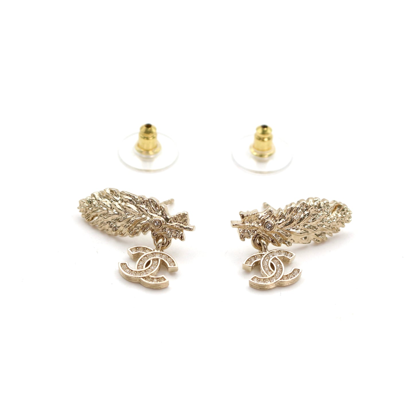 CHANEL Gold Feather CC Rhinestone Earrings B25S [Brand New]