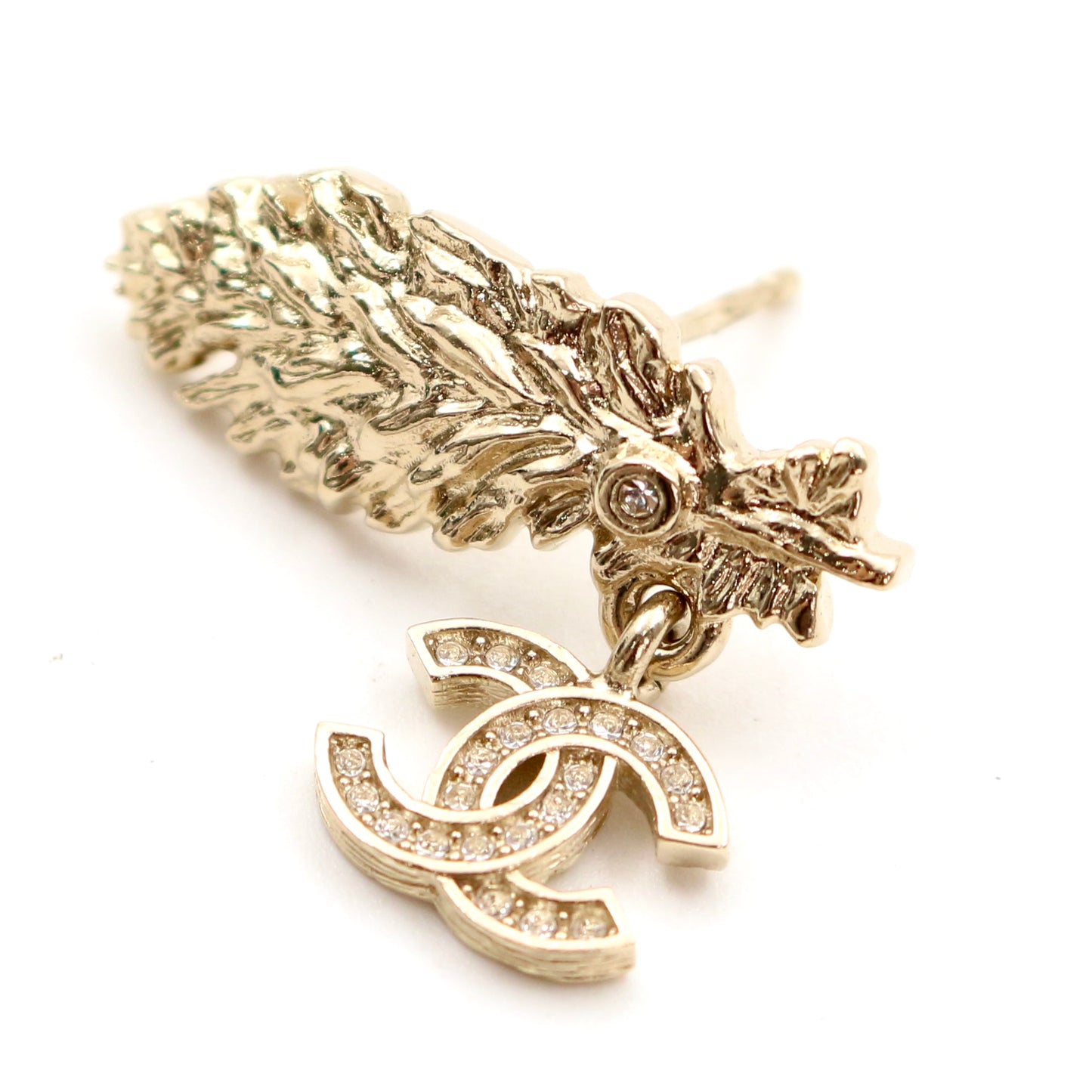 CHANEL Gold Feather CC Rhinestone Earrings B25S [Brand New]