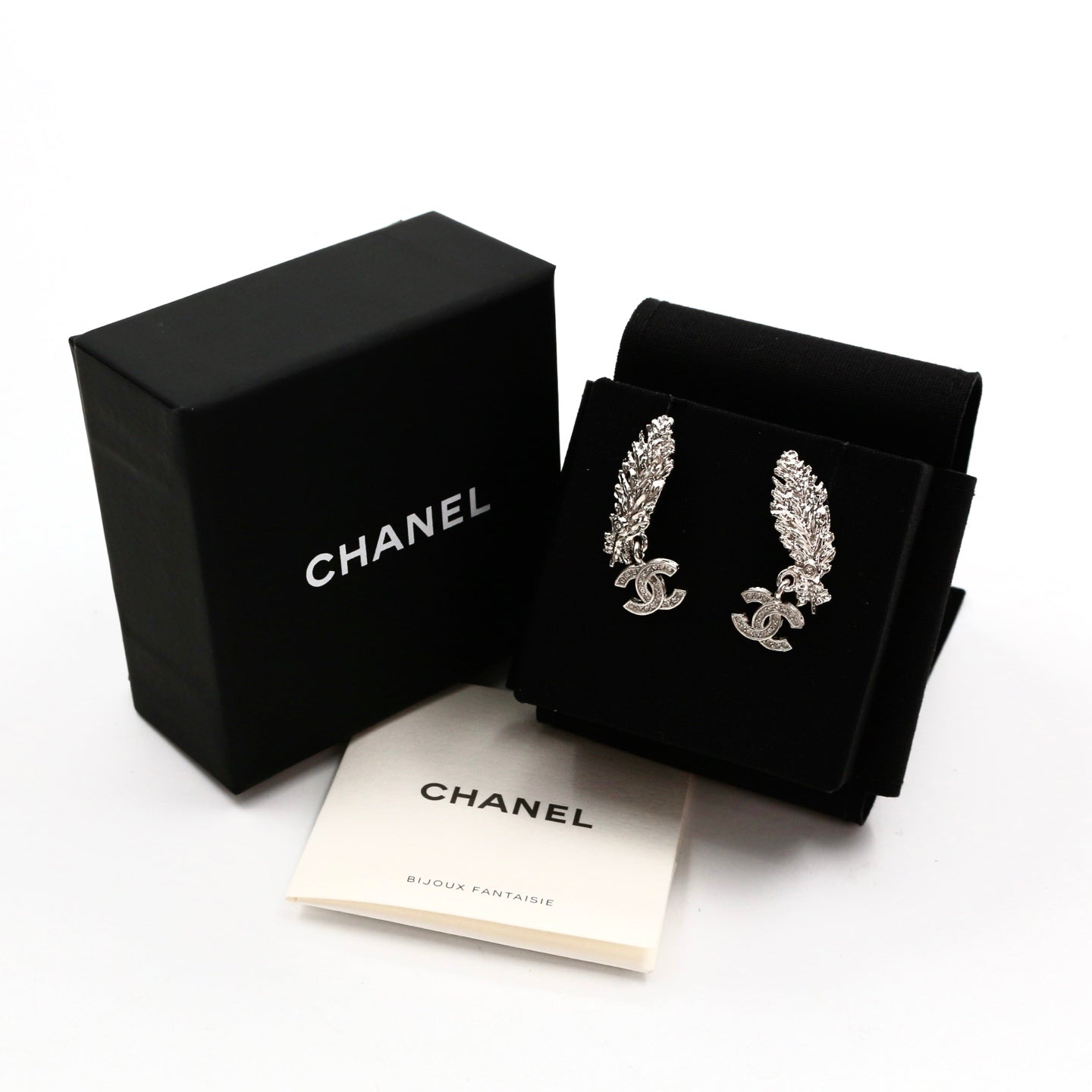 CHANEL Silver Feather CC Rhinestone Earrings B25S [Brand New]
