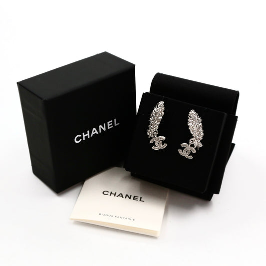 CHANEL Silver Feather CC Rhinestone Earrings B25S [Brand New]