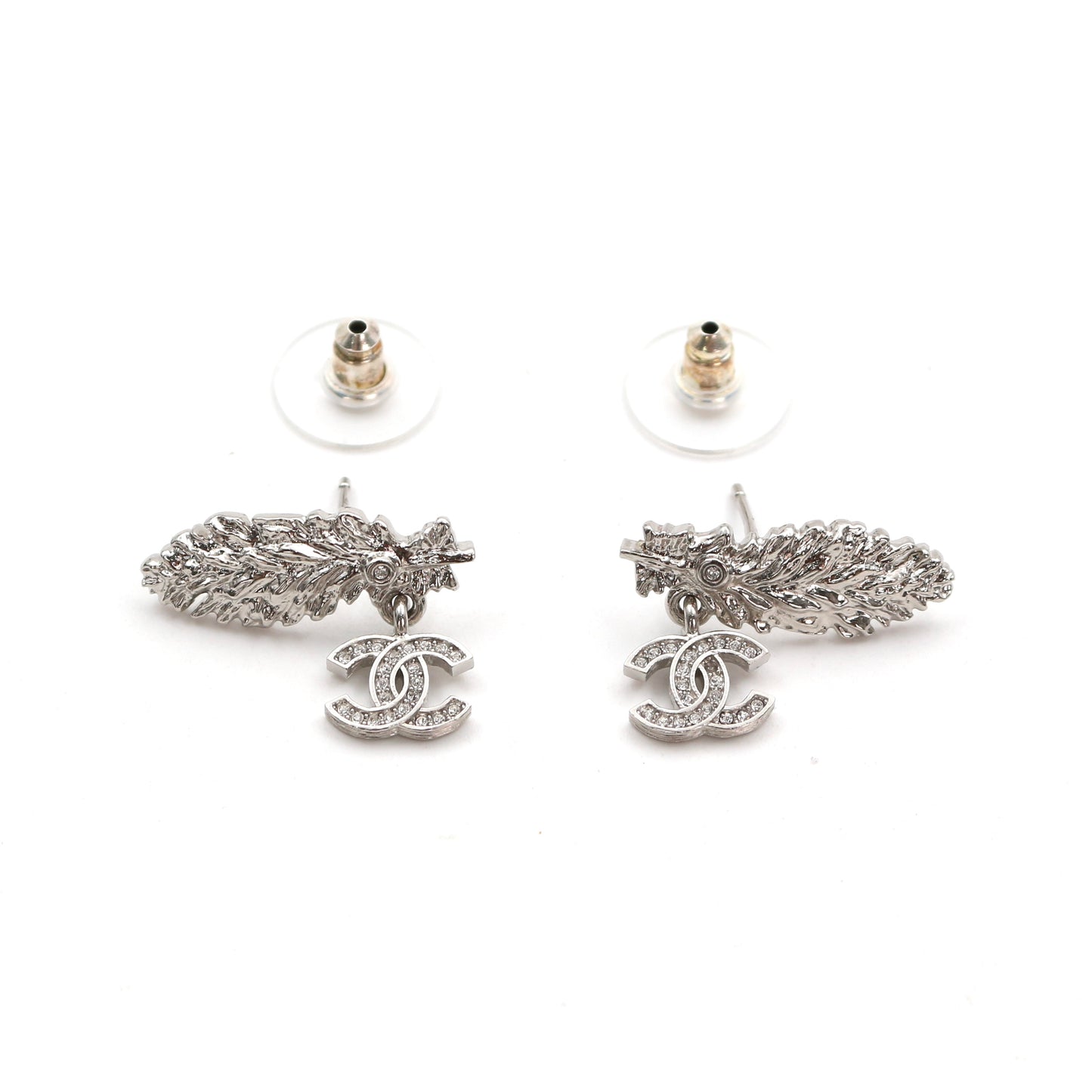 CHANEL Silver Feather CC Rhinestone Earrings B25S [Brand New]