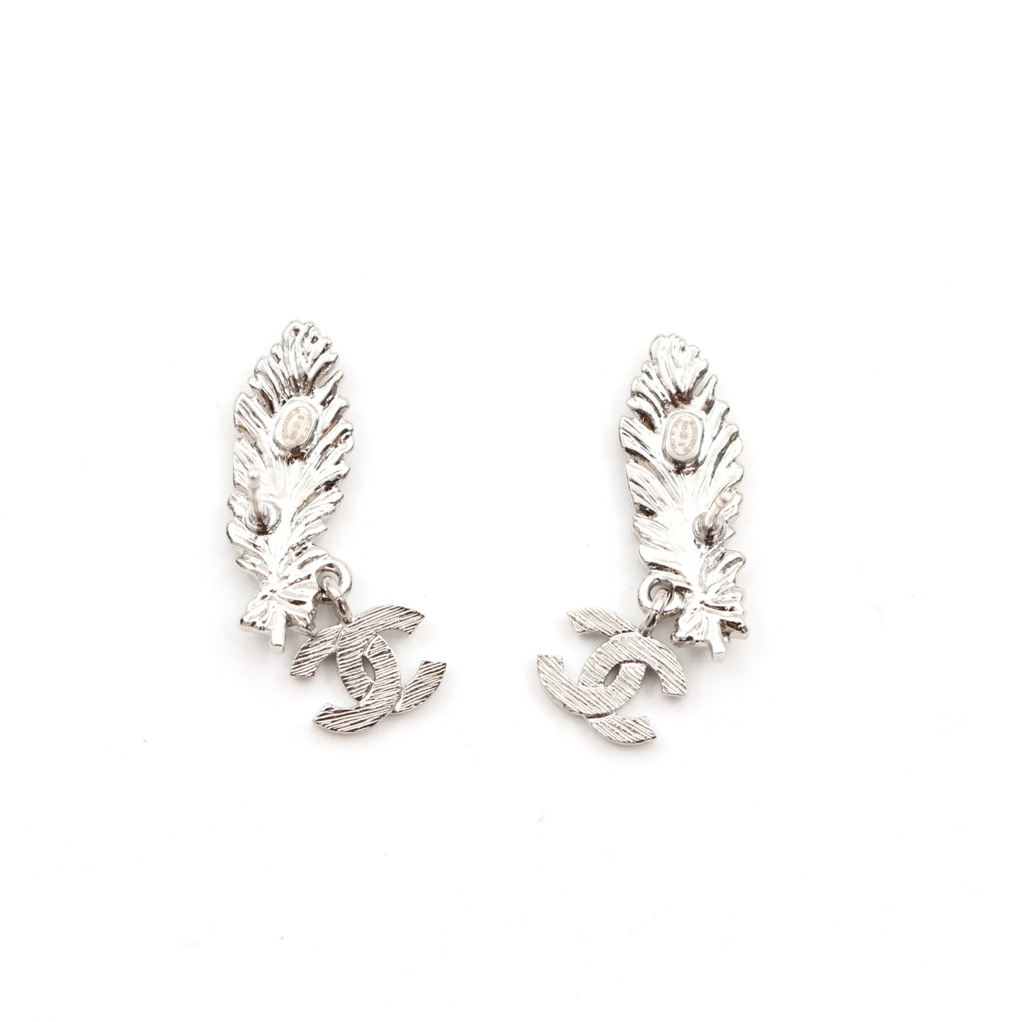 CHANEL Silver Feather CC Rhinestone Earrings B25S [Brand New]