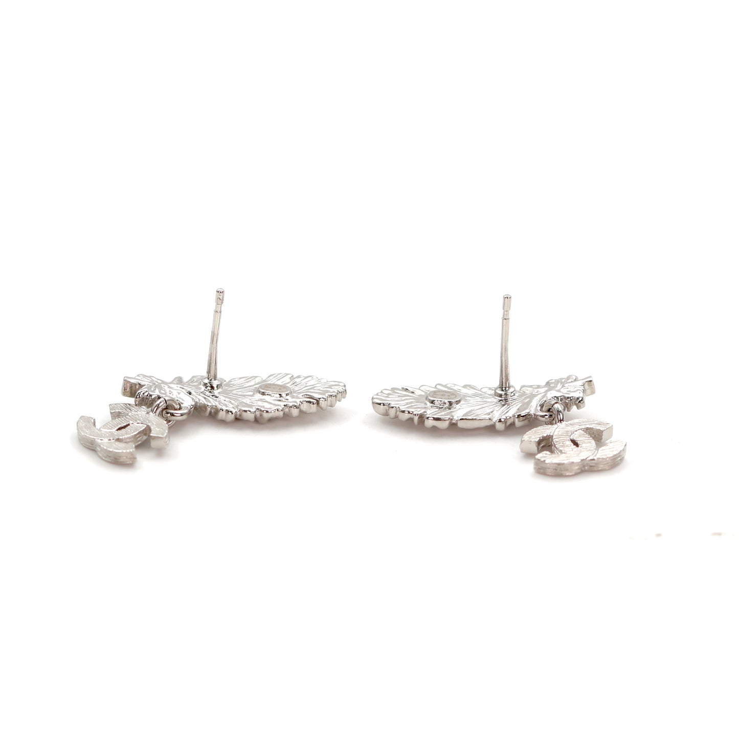 CHANEL Silver Feather CC Rhinestone Earrings B25S [Brand New]