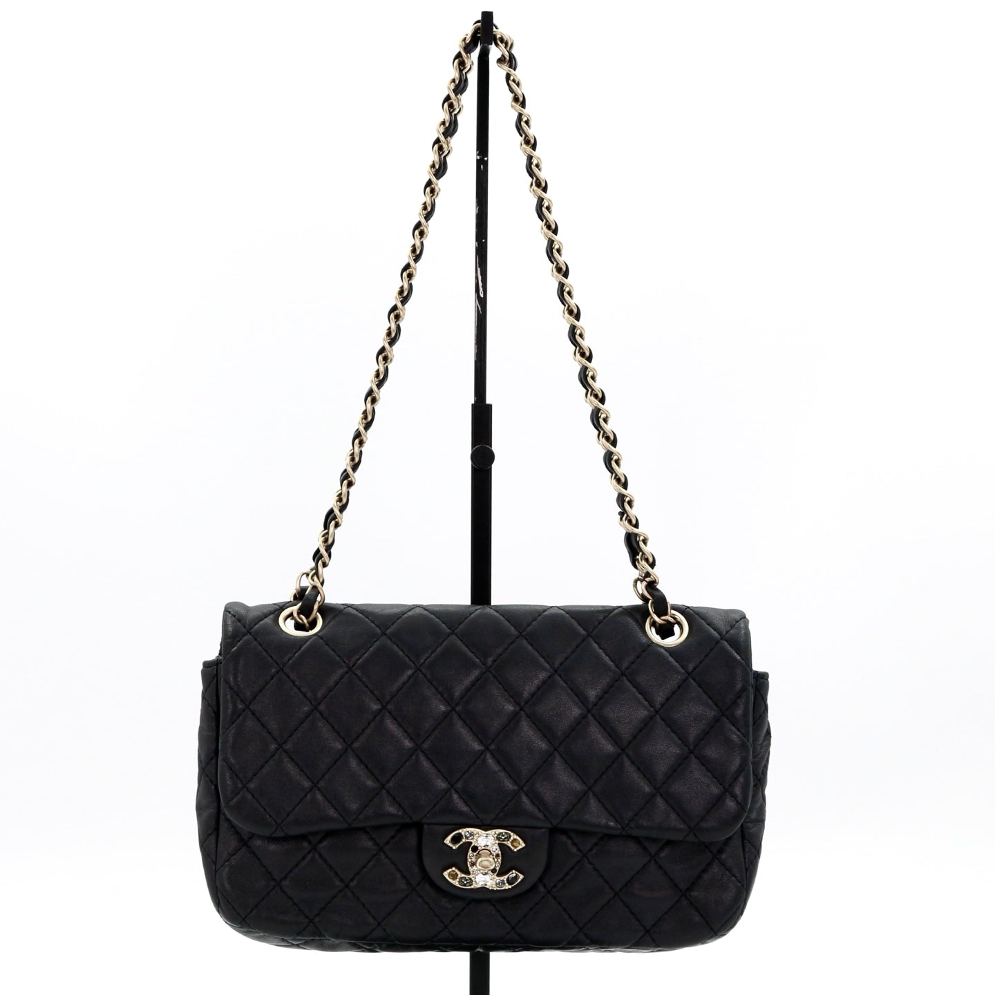 CHANEL Black Lambskin Glass Cabochon CC Flap Shoulder Bag [Used]