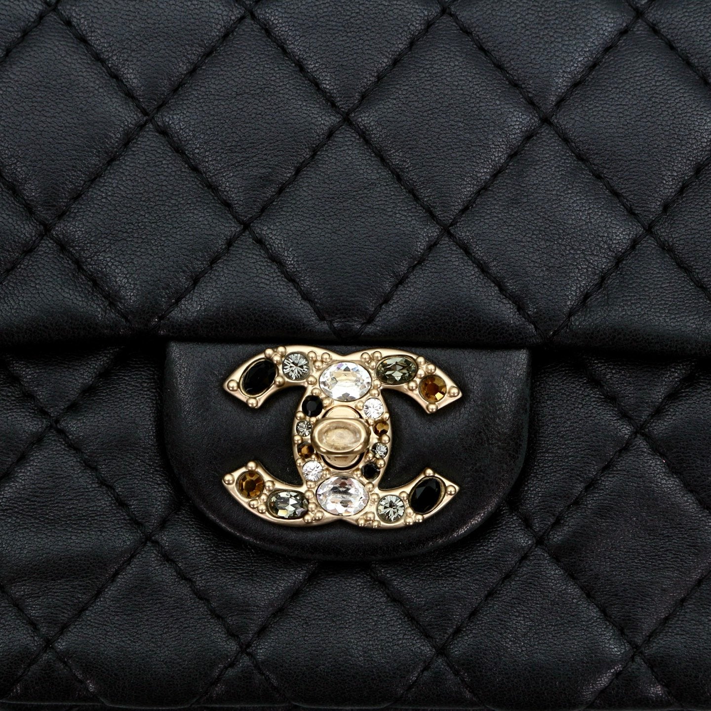 CHANEL Black Lambskin Glass Cabochon CC Flap Shoulder Bag [Used]