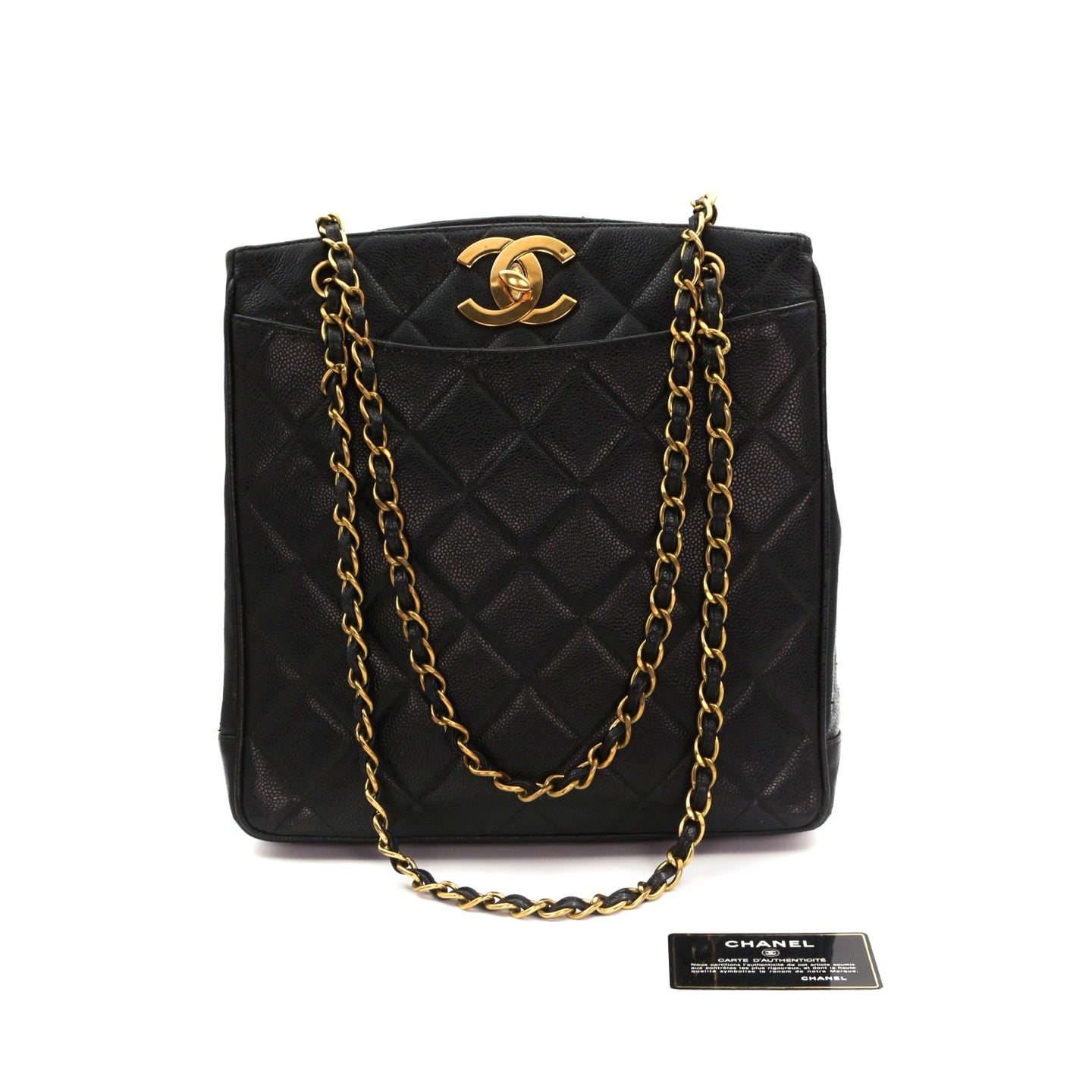 CHANEL Black Caviar CC Logo Chain Tote Bag [Used]