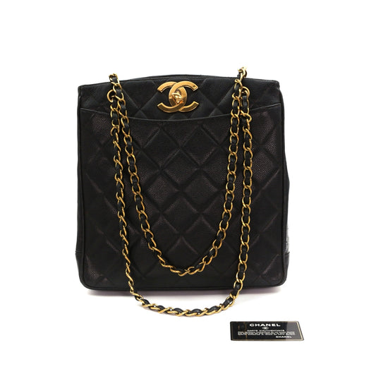 CHANEL Black Caviar CC Logo Chain Tote Bag [Used]