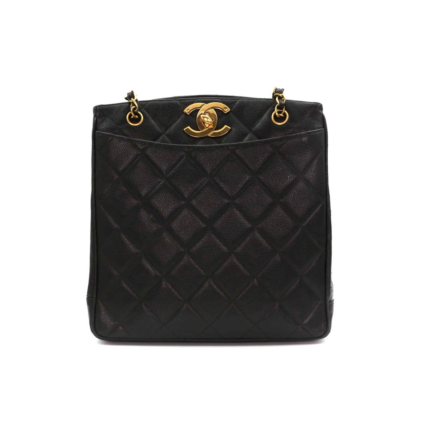 CHANEL Black Caviar CC Logo Chain Tote Bag [Used]