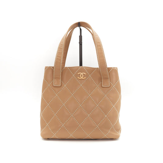 CHANEL Beige Lambskin Contrast Stitch Vivienne Tote Bag [Used]