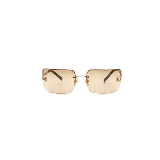 CHANEL Dark Brown Crystal CC Logo Rimless Sunglasses [Used]