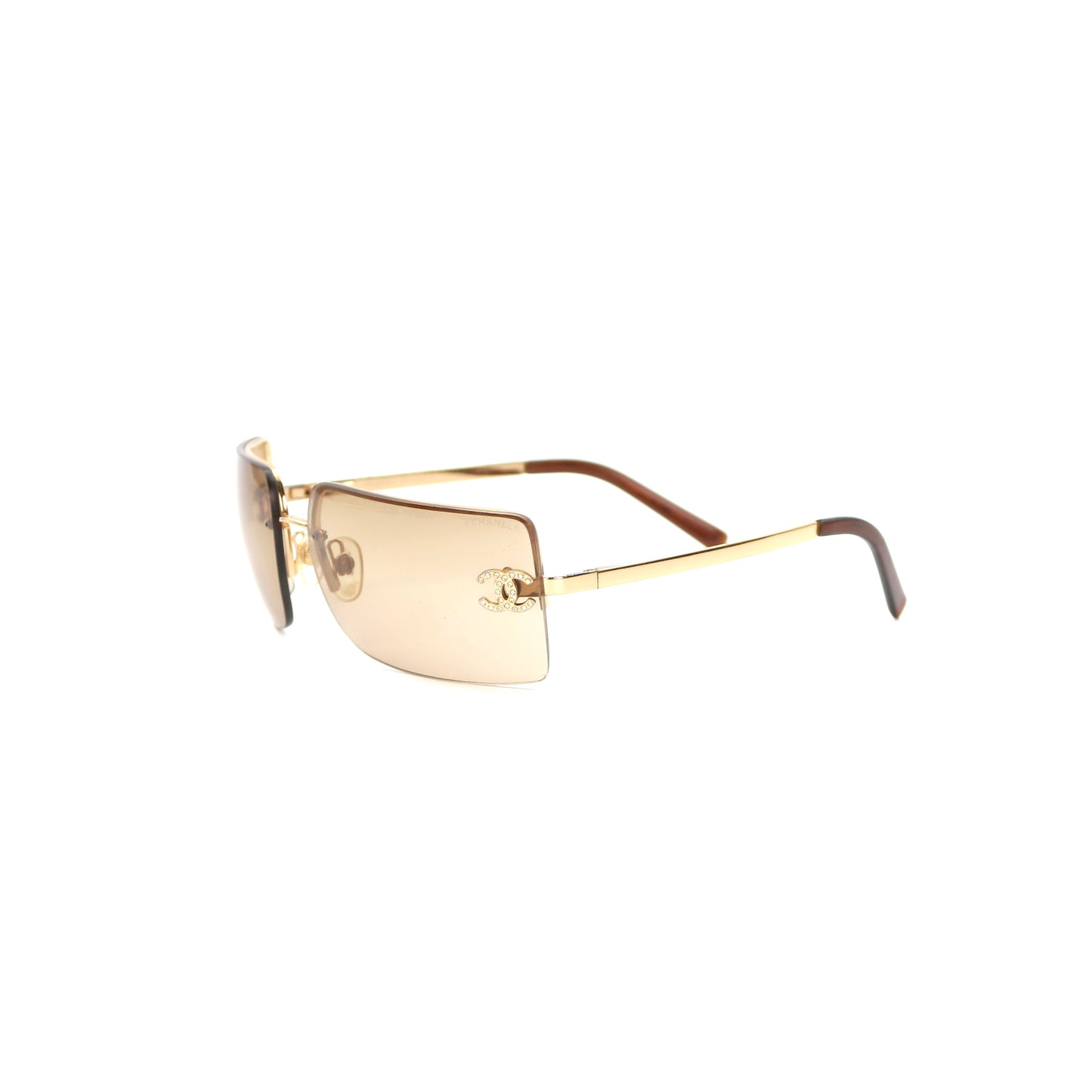 CHANEL Dark Brown Crystal CC Logo Rimless Sunglasses [Used]