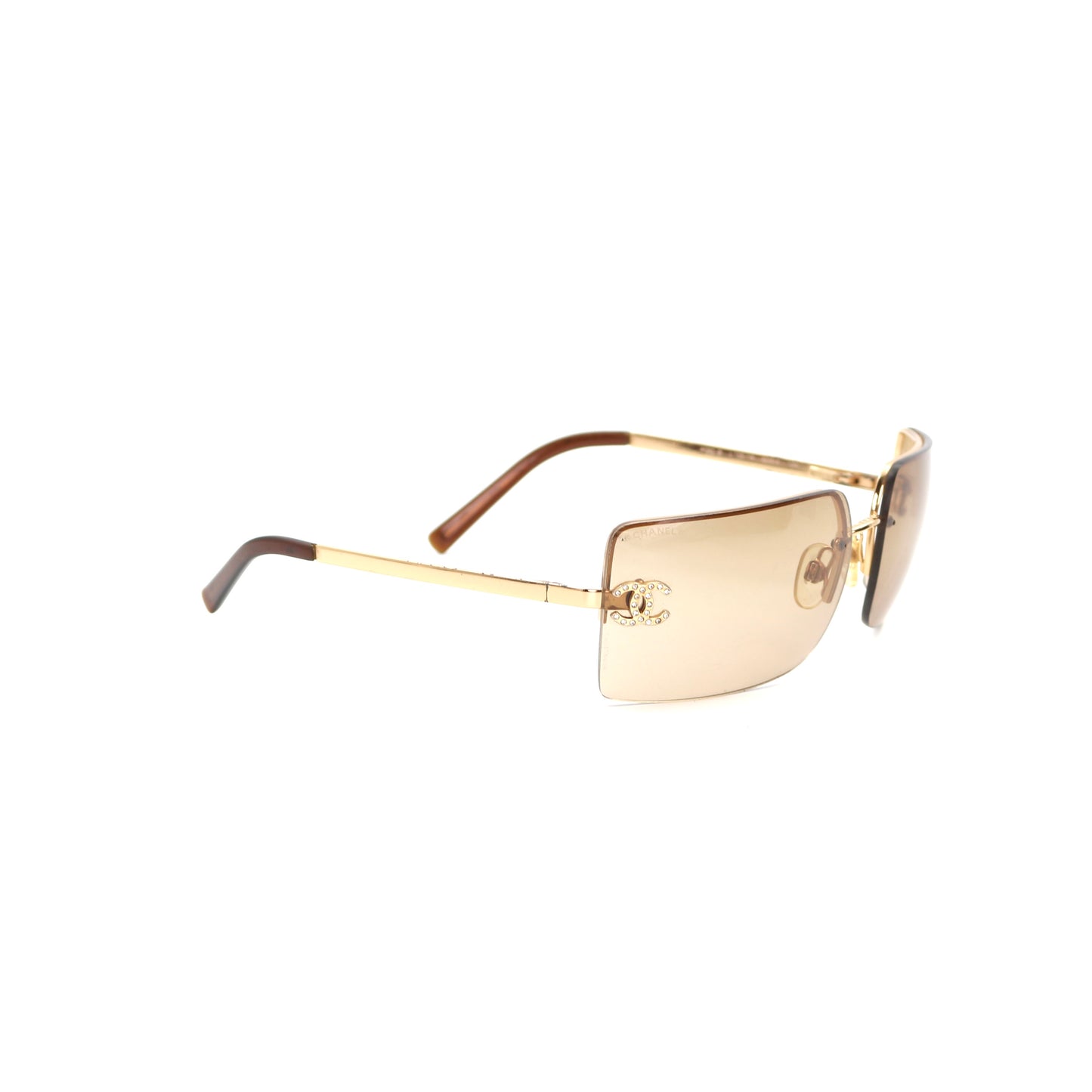 CHANEL Dark Brown Crystal CC Logo Rimless Sunglasses [Used]
