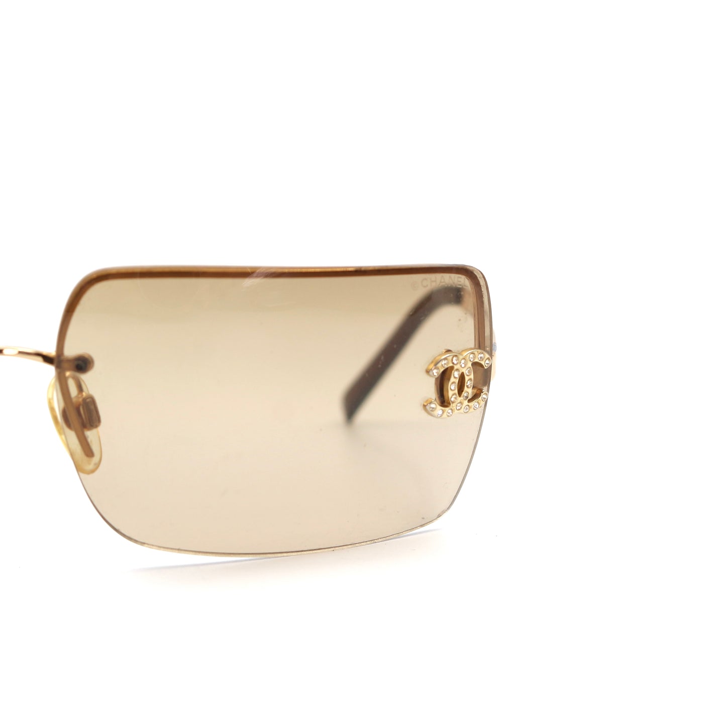 CHANEL Dark Brown Crystal CC Logo Rimless Sunglasses [Used]