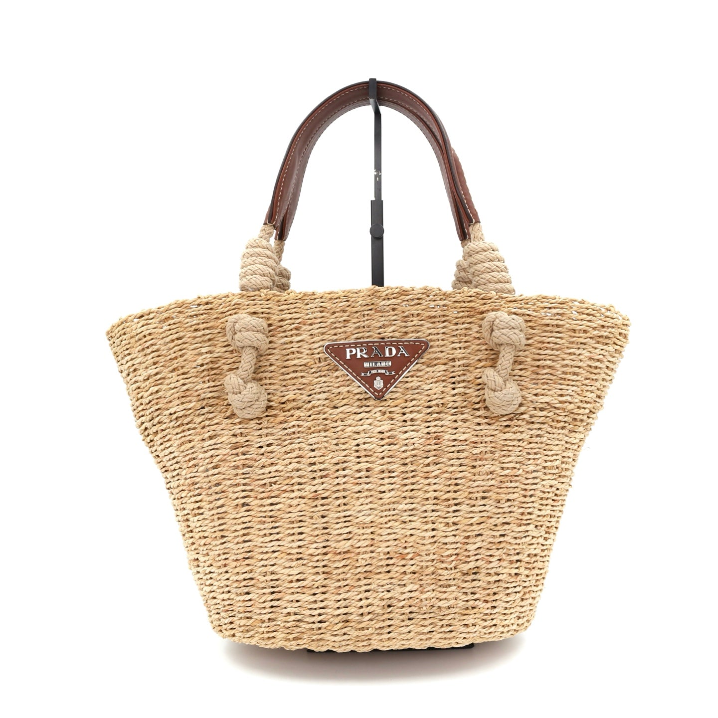 Prada Beige Triangle Logo Raffia Tote Bag [Used]