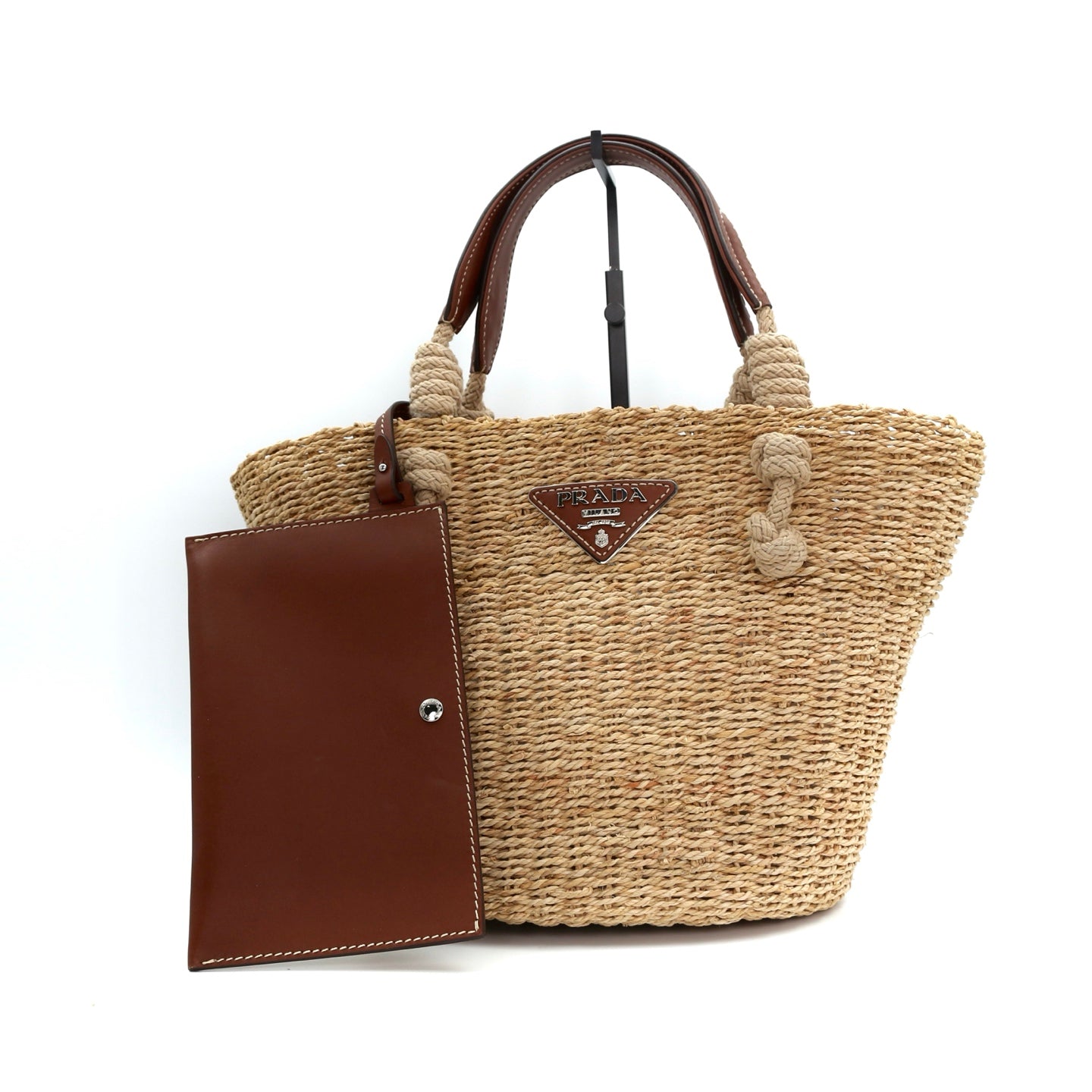 Prada Beige Triangle Logo Raffia Tote Bag [Used]
