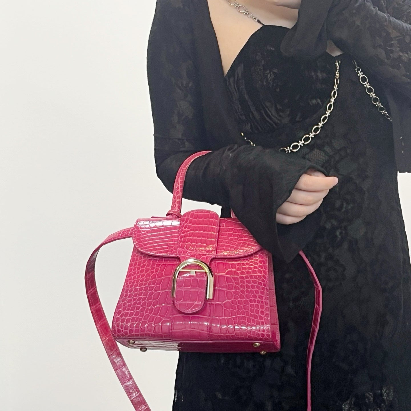 Delvaux Brilliant Mini Crocodile Leather Handbag Rose Pink 20 cm [Used]