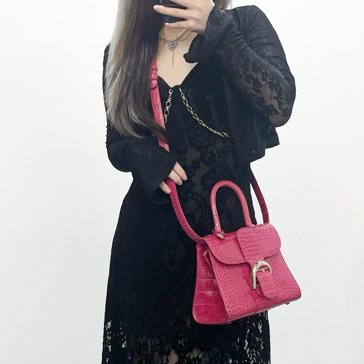 Delvaux Brilliant Mini Crocodile Leather Handbag Rose Pink 20 cm [Used]