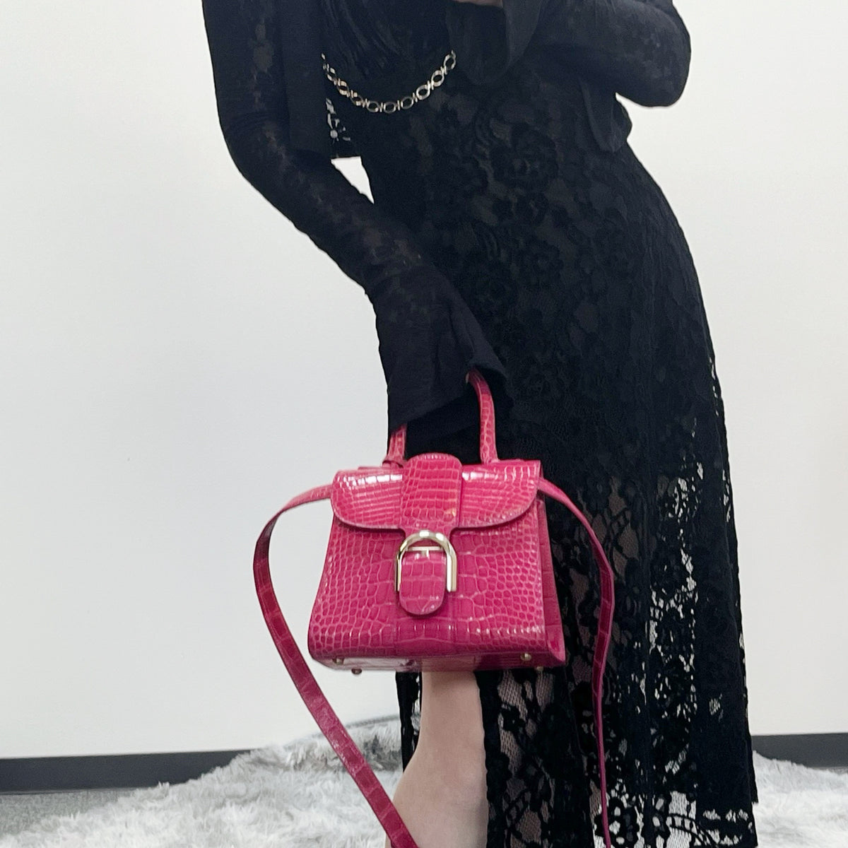 Delvaux Brilliant Mini Crocodile Leather Handbag Rose Pink 20 cm [Used]