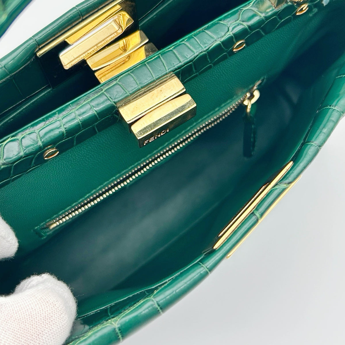 Fendi Peekaboo Dark Green Crocodile Leather 2Way Handbag [Used]