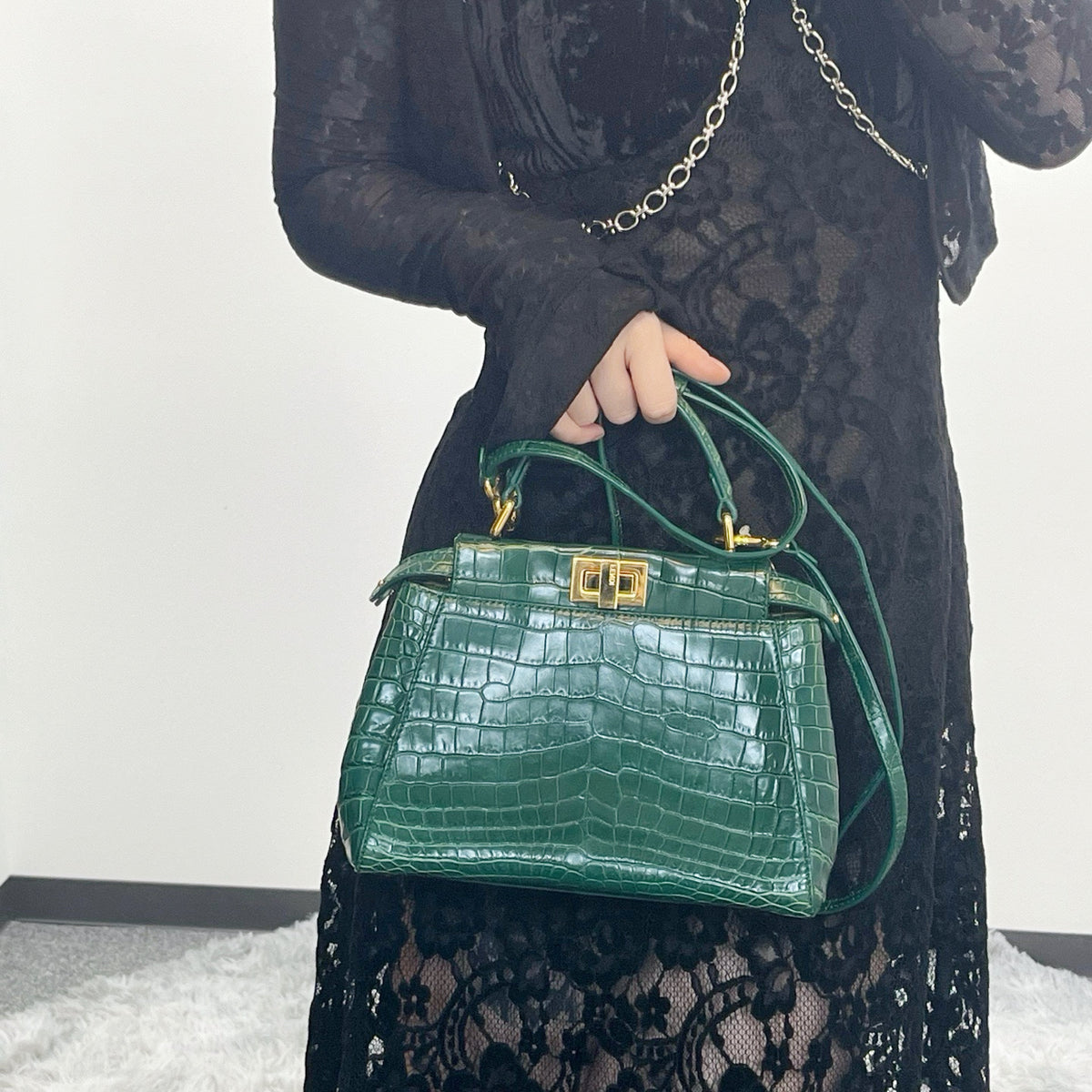 Fendi Peekaboo Dark Green Crocodile Leather 2Way Handbag [Used]