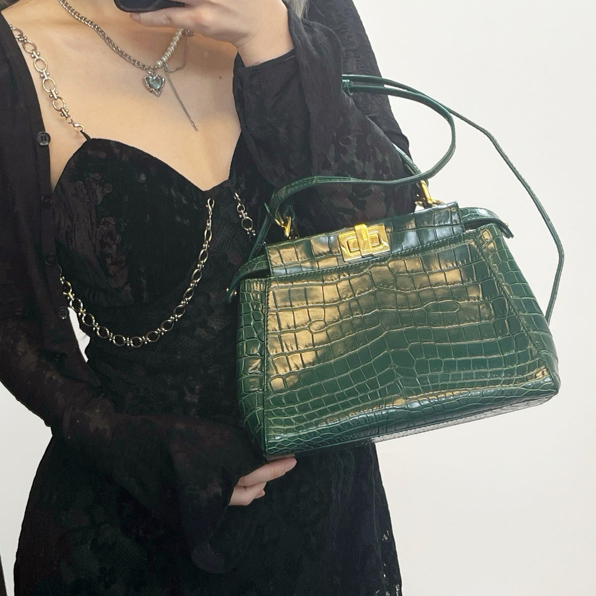 Fendi Peekaboo Dark Green Crocodile Leather 2Way Handbag [Used]