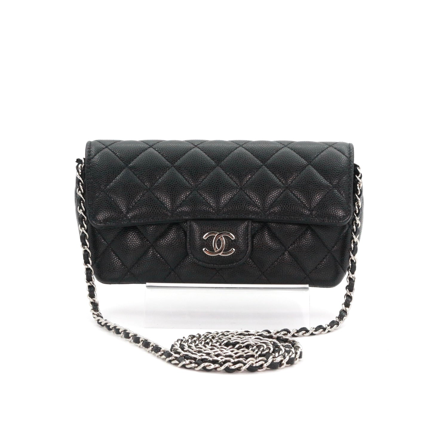 CHANEL Black Quilted Caviar Leather Chain Eyewear Case [Used]
