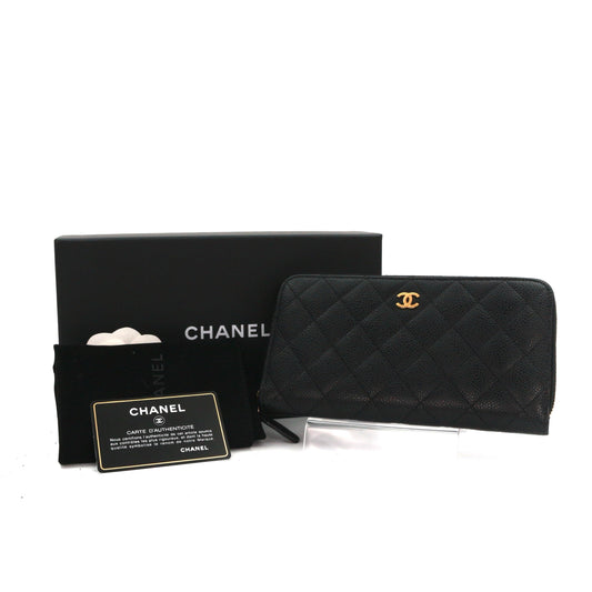 CHANEL Black Quilted Caviar Leather Zip-Around Long Wallet [Used]