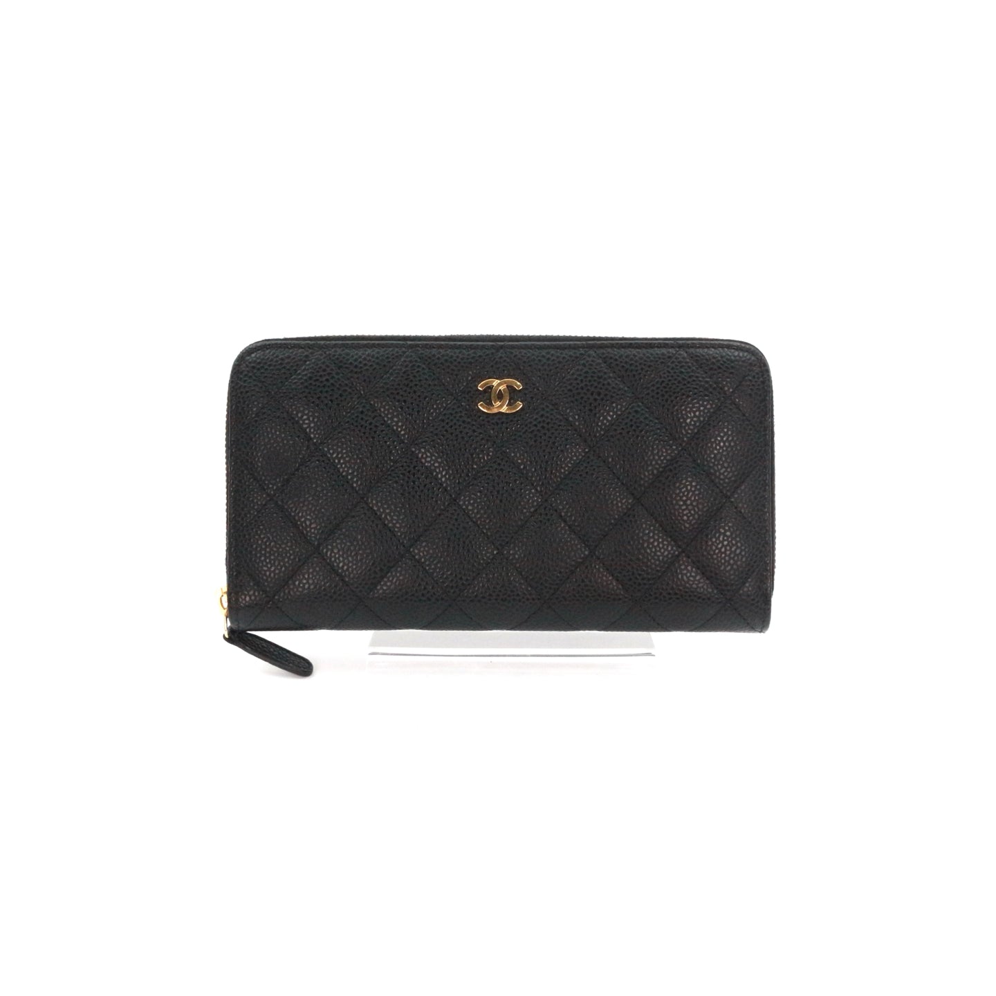 CHANEL Black Quilted Caviar Leather Zip-Around Long Wallet [Used]