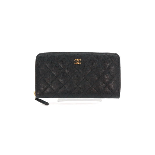CHANEL Black Quilted Caviar Leather Zip-Around Long Wallet [Used]