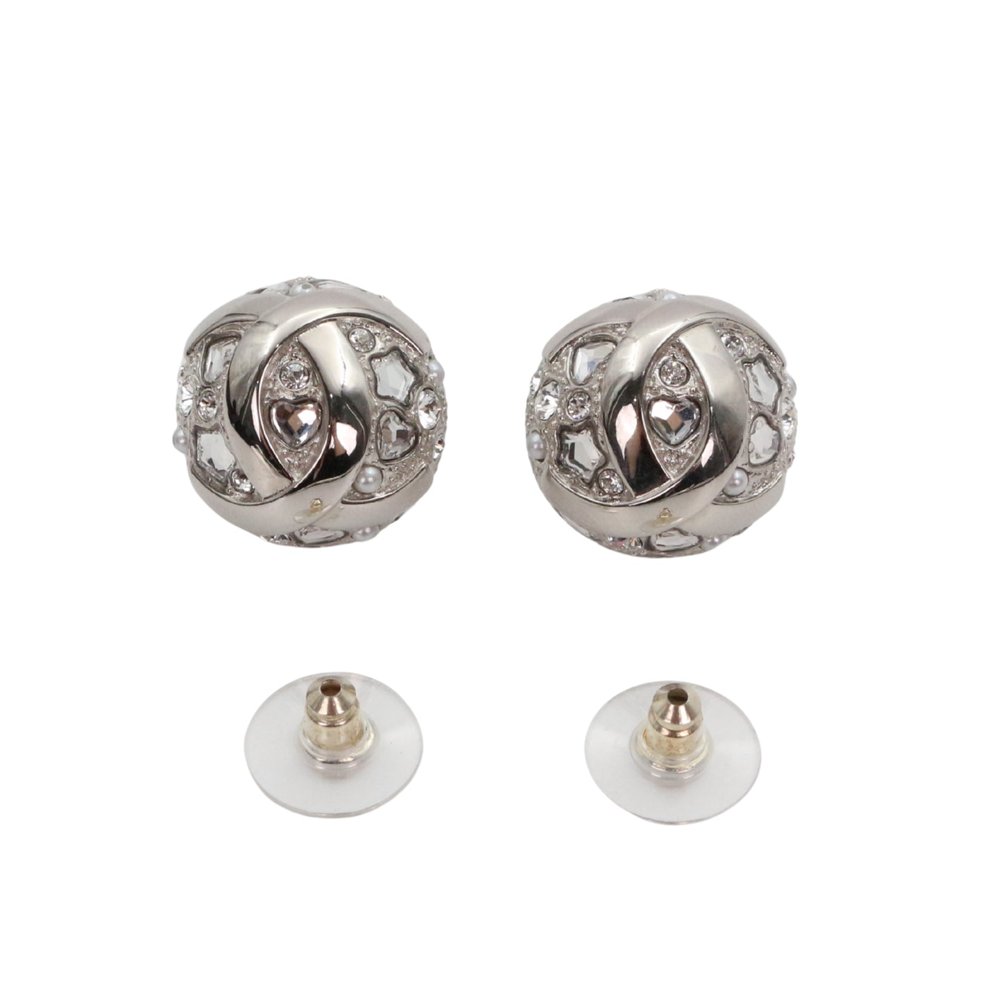 CHANEL Silver Tone Rhinestone Star & Heart CC Earrings [Used]