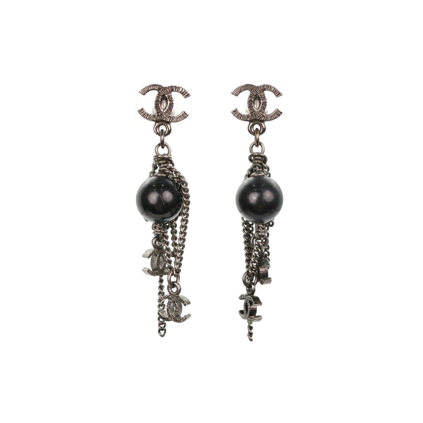 CHANEL Black & Silver Tone Multi CC Chain Drop Earrings [Used]