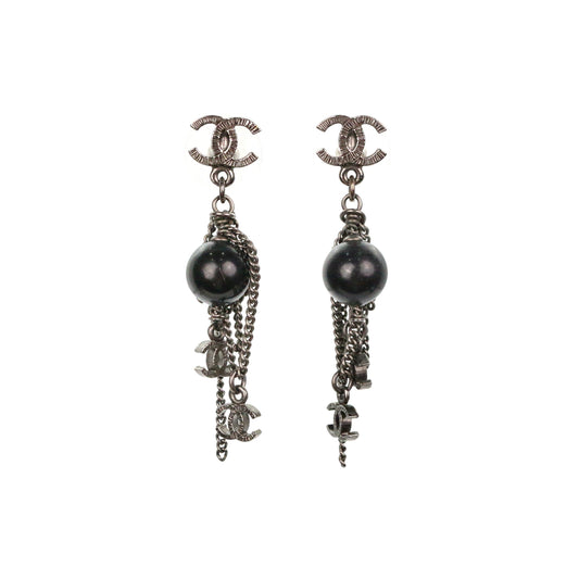 CHANEL Black & Silver Tone Multi CC Chain Drop Earrings [Used]