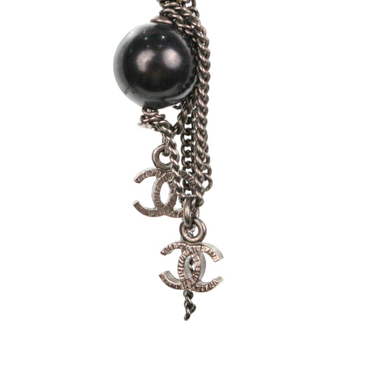CHANEL Black & Silver Tone Multi CC Chain Drop Earrings [Used]