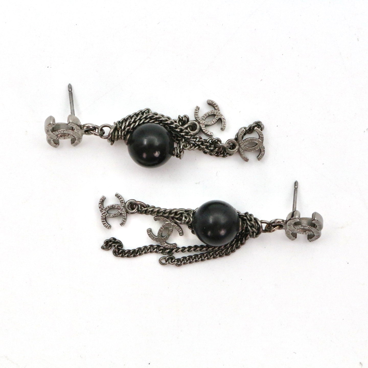 CHANEL Black & Silver Tone Multi CC Chain Drop Earrings [Used]