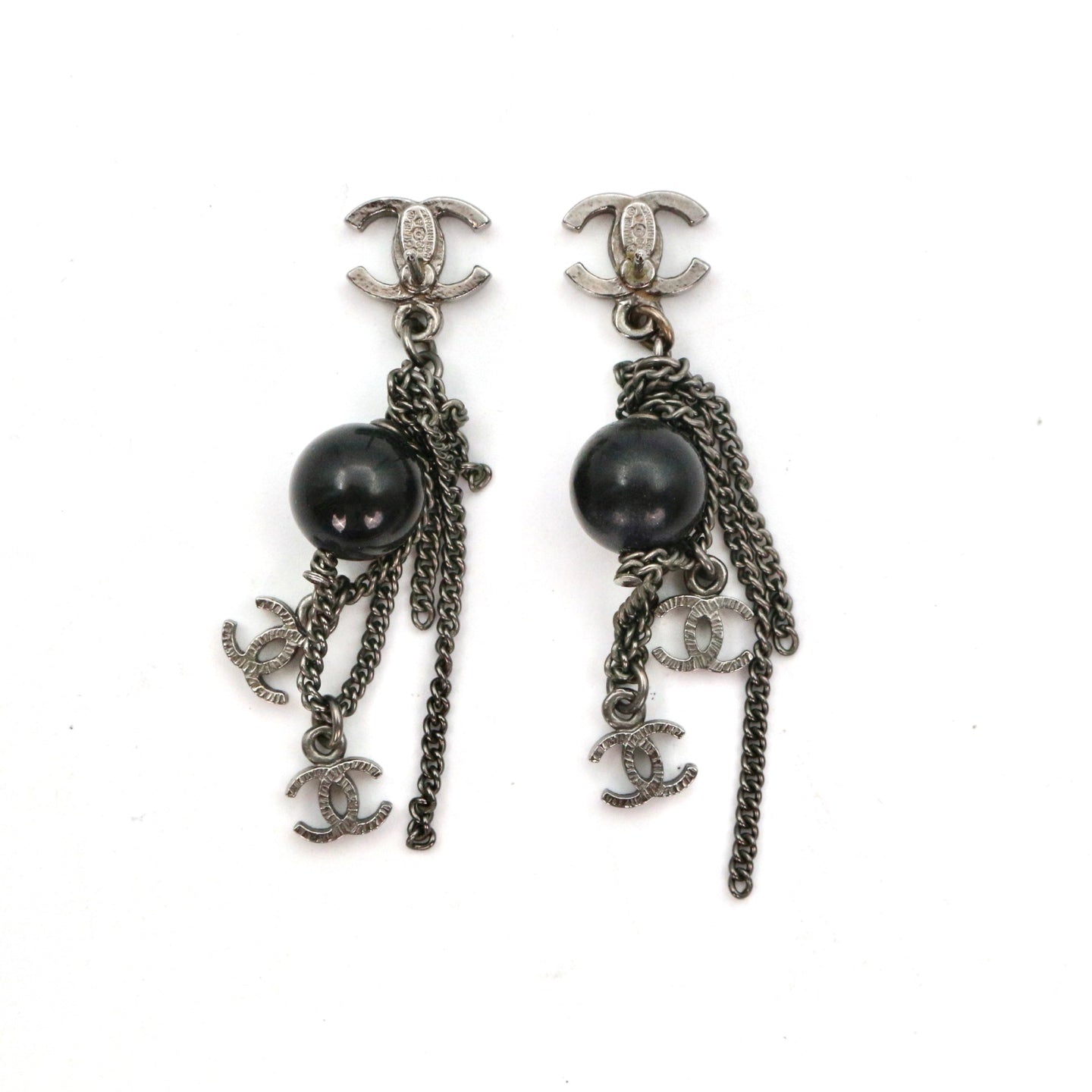 CHANEL Black & Silver Tone Multi CC Chain Drop Earrings [Used]
