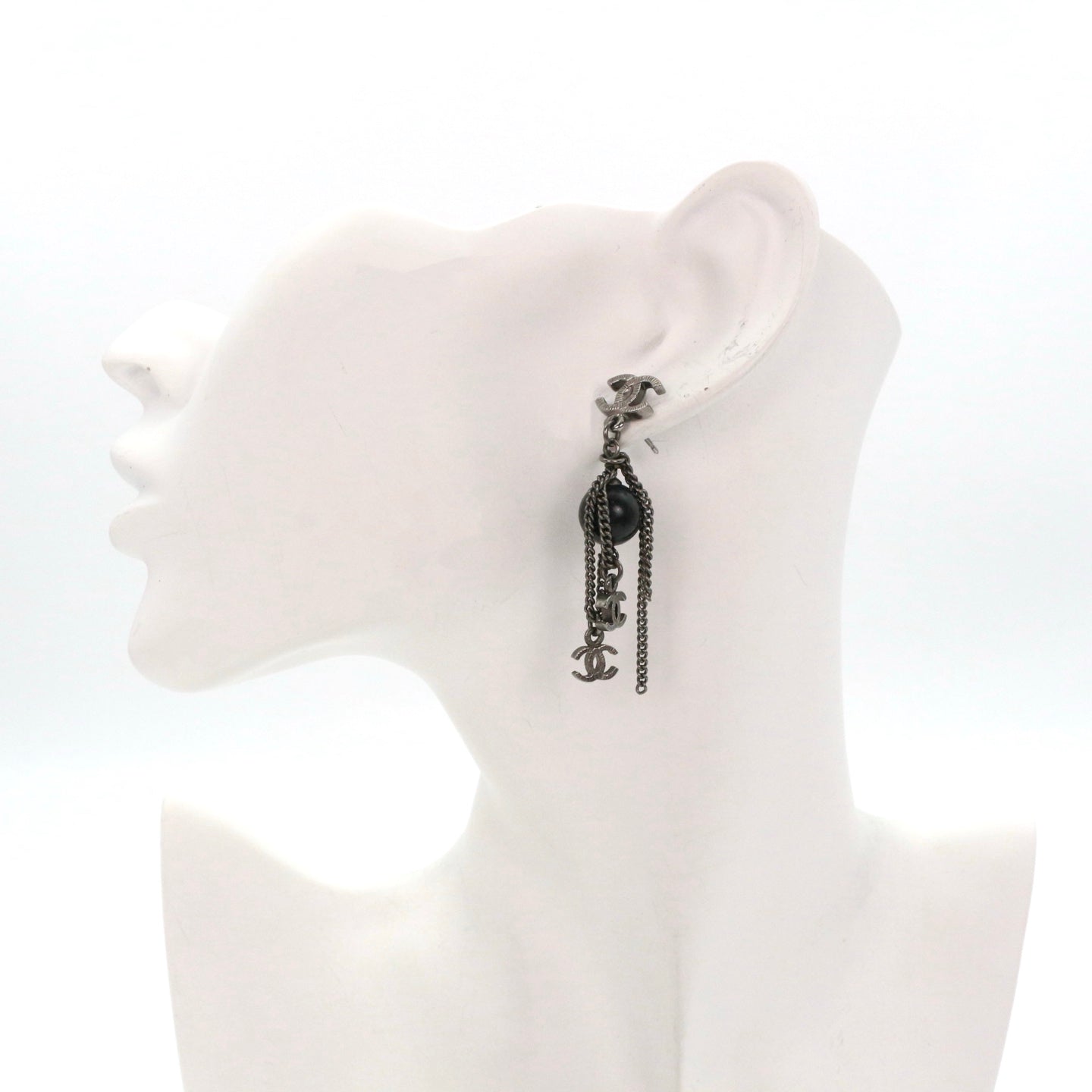CHANEL Black & Silver Tone Multi CC Chain Drop Earrings [Used]
