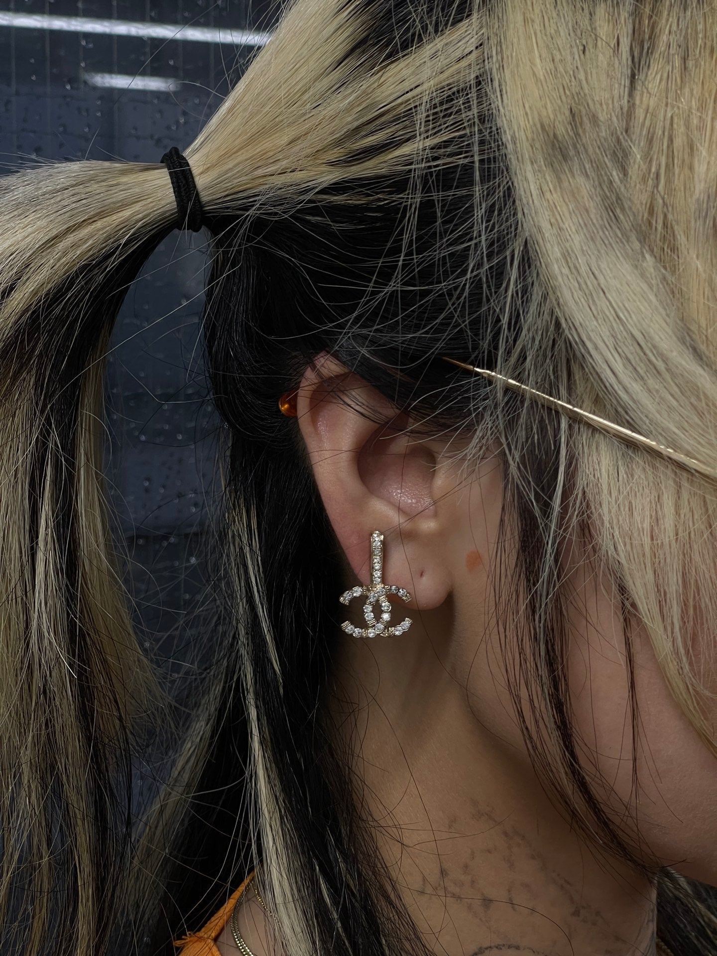 CHANEL Gold Tone Rhinestone CC Earrings [Used]