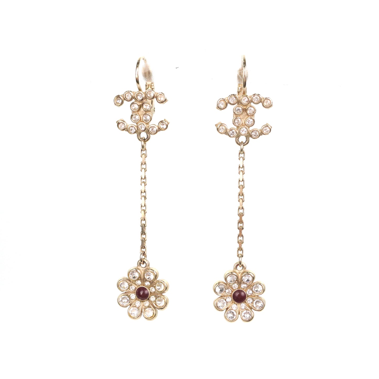 CHANEL Gold Tone Rhinestone CC Flower Drop Earrings [Used]