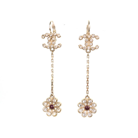 CHANEL Gold Tone Rhinestone CC Flower Drop Earrings [Used]