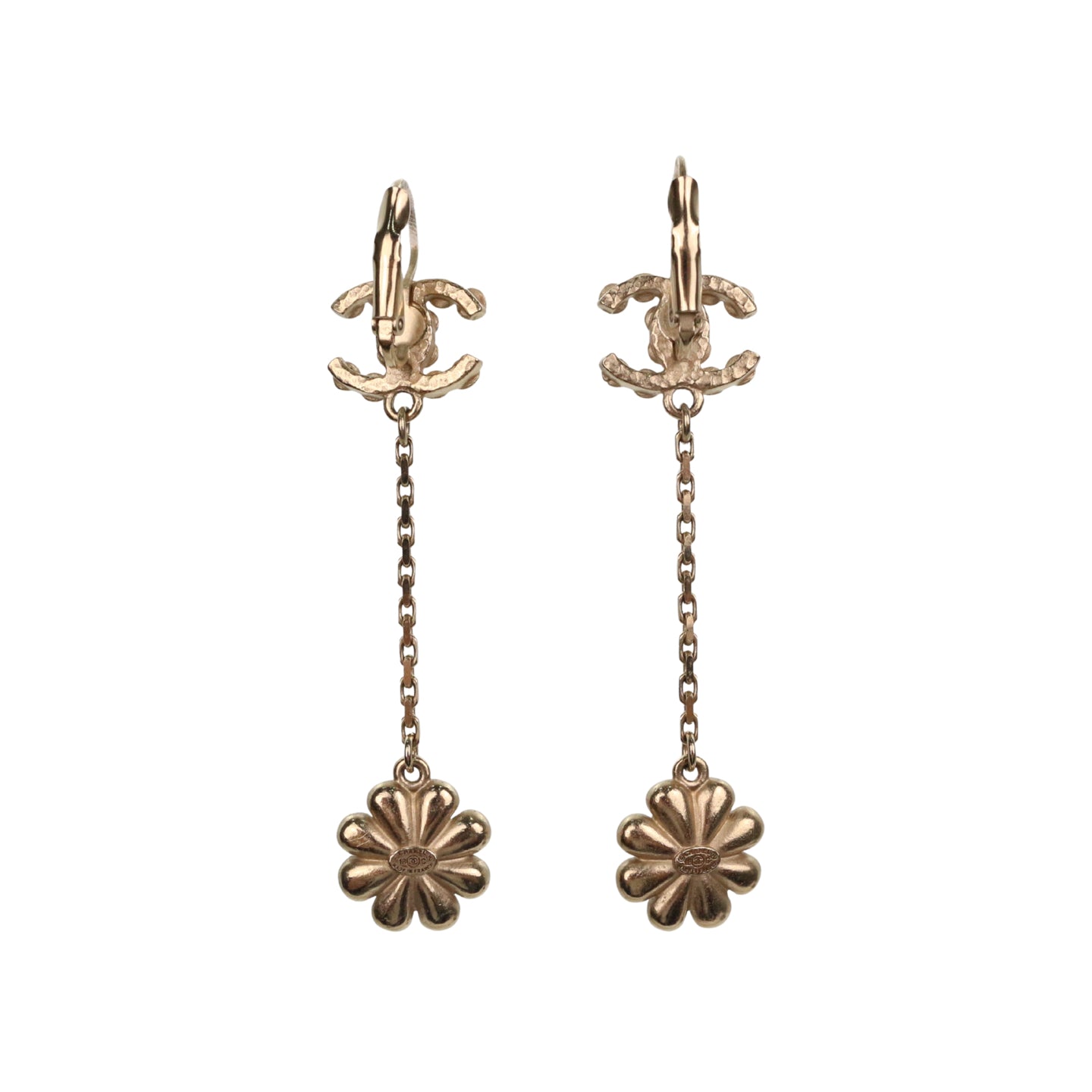 CHANEL Gold Tone Rhinestone CC Flower Drop Earrings [Used]