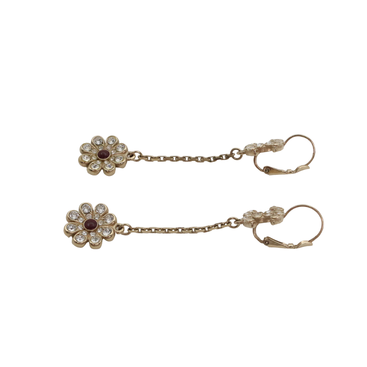 CHANEL Gold Tone Rhinestone CC Flower Drop Earrings [Used]