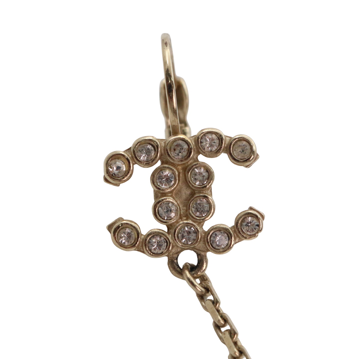 CHANEL Gold Tone Rhinestone CC Flower Drop Earrings [Used]