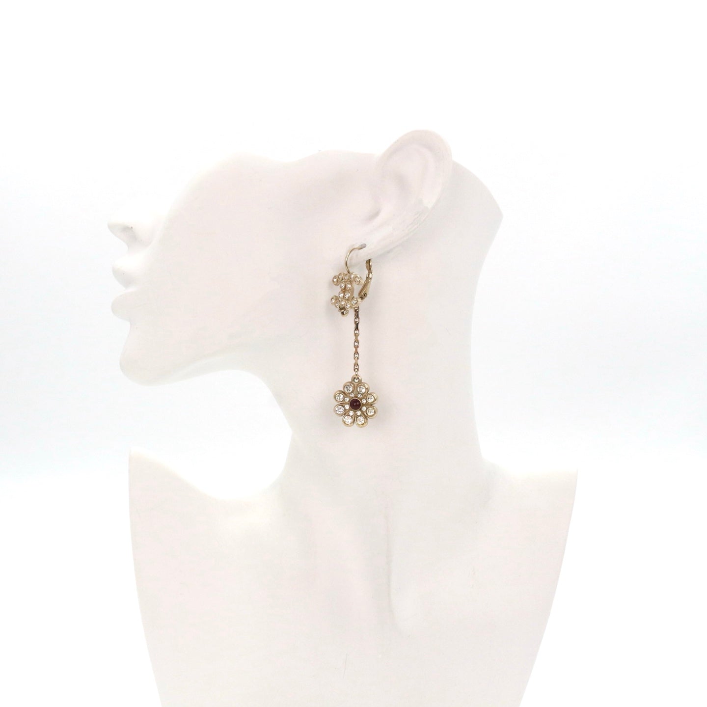 CHANEL Gold Tone Rhinestone CC Flower Drop Earrings [Used]